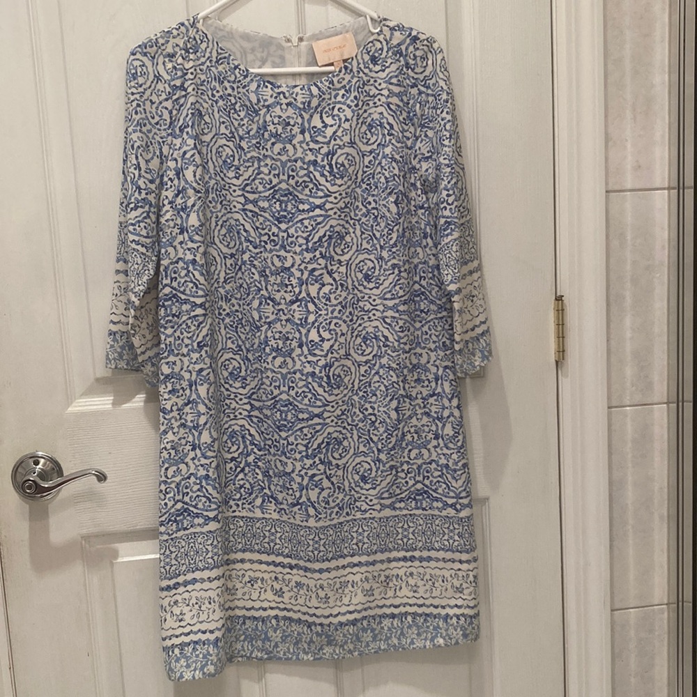 Skies Are Blue White Blue Print Short Sleeve Mini Dress
